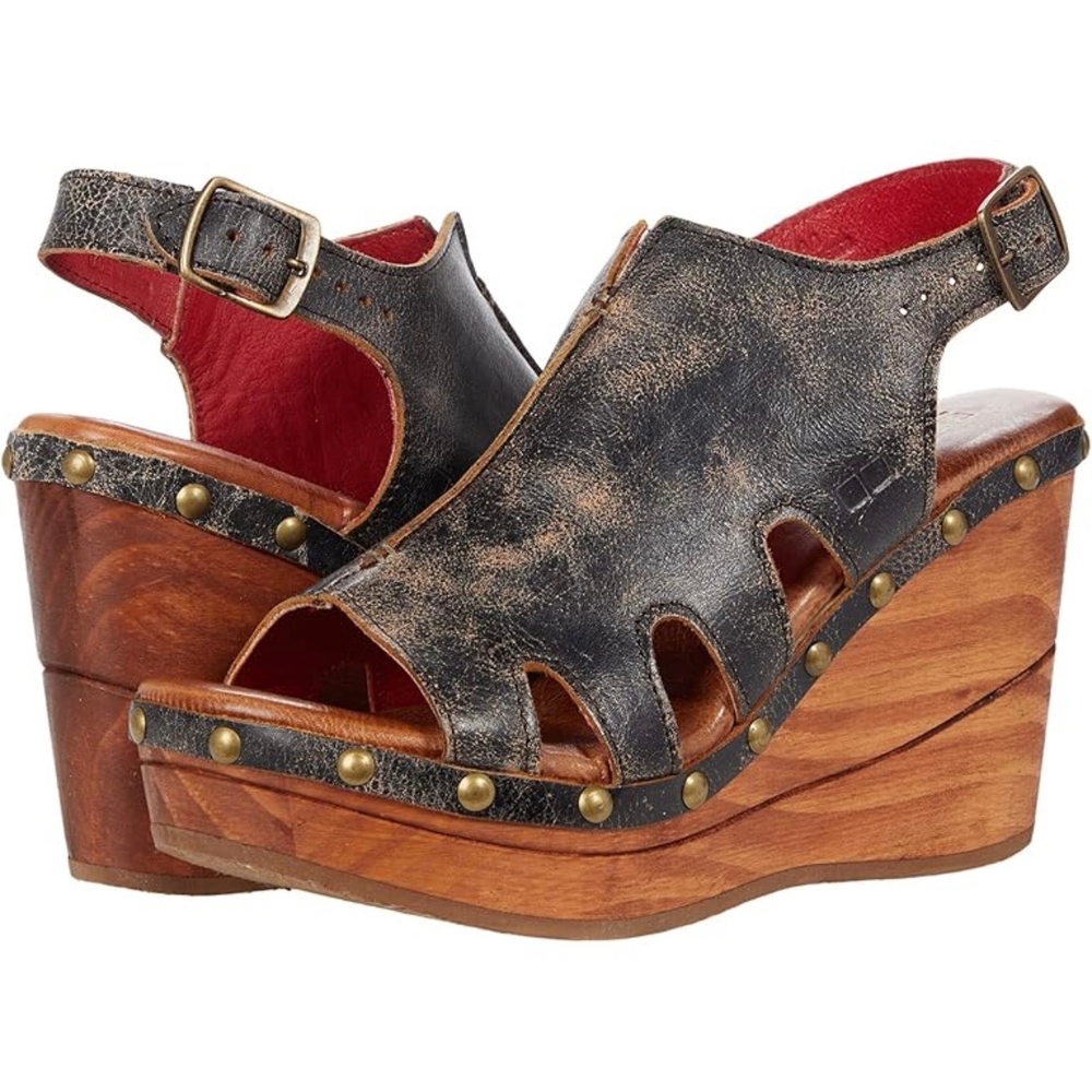 Bed Stu Distressed Black and Brown Wedge Sandals